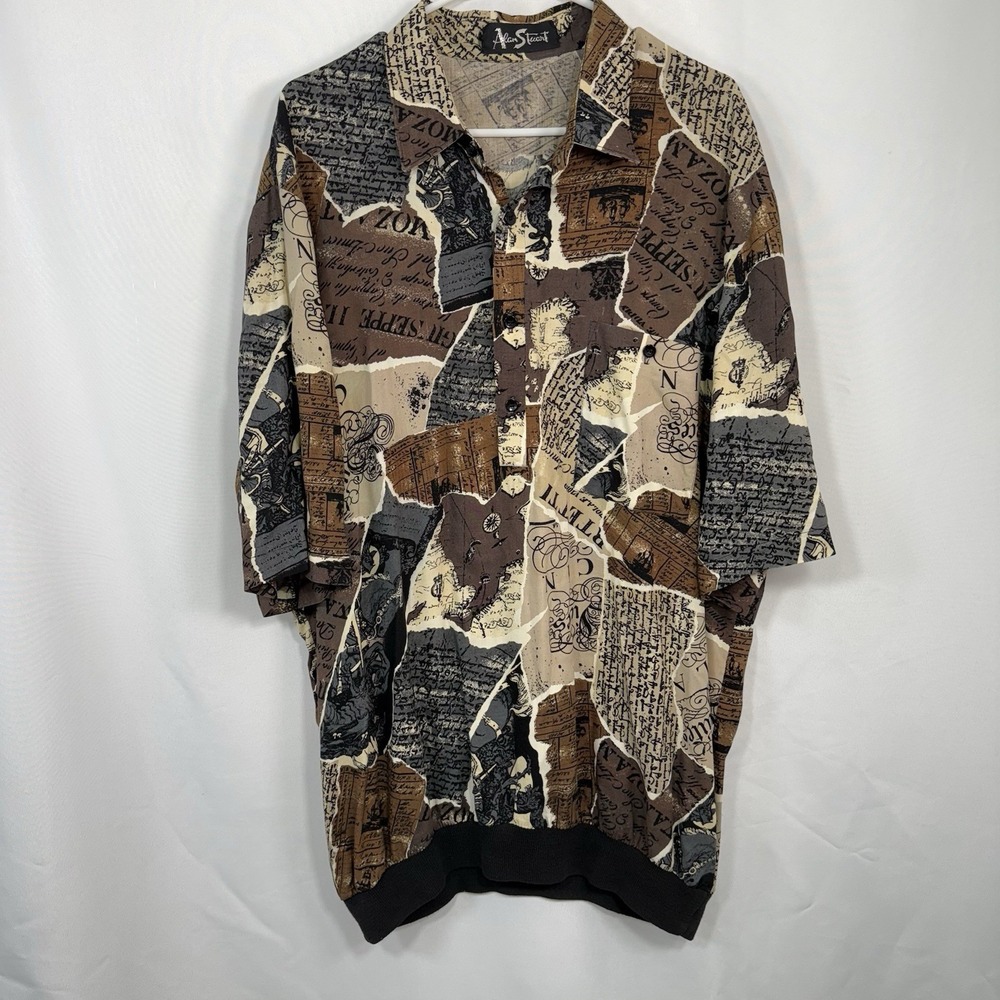 Vintage Alan Stuart Brown‎ Black Italy Pattern Short Sleeve Size XL Tall